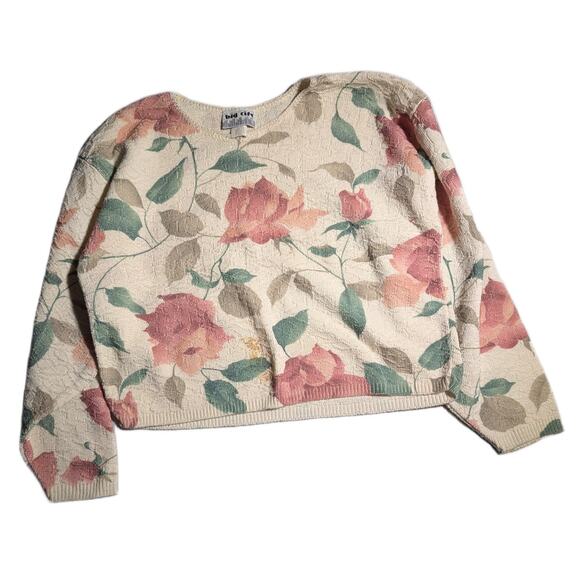 Vtg 1990s Big City Ivory Pink Rose Print Cropped Cotton Blend Sweater Sz S - Picture 1 of 5